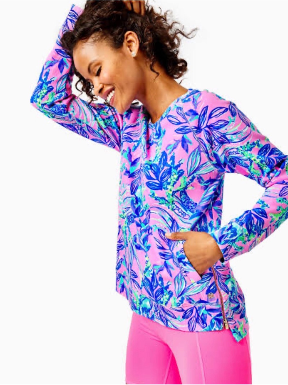 💕GUC Lilly Pulitzer Pink, Teal & Navy Floral Beach Comer Pullover